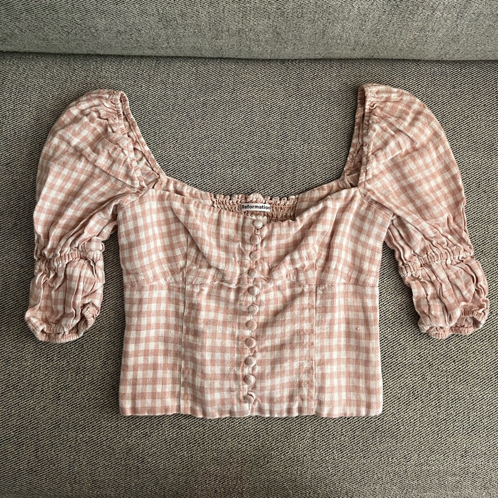 Checkered Pink Linen Reformation Top